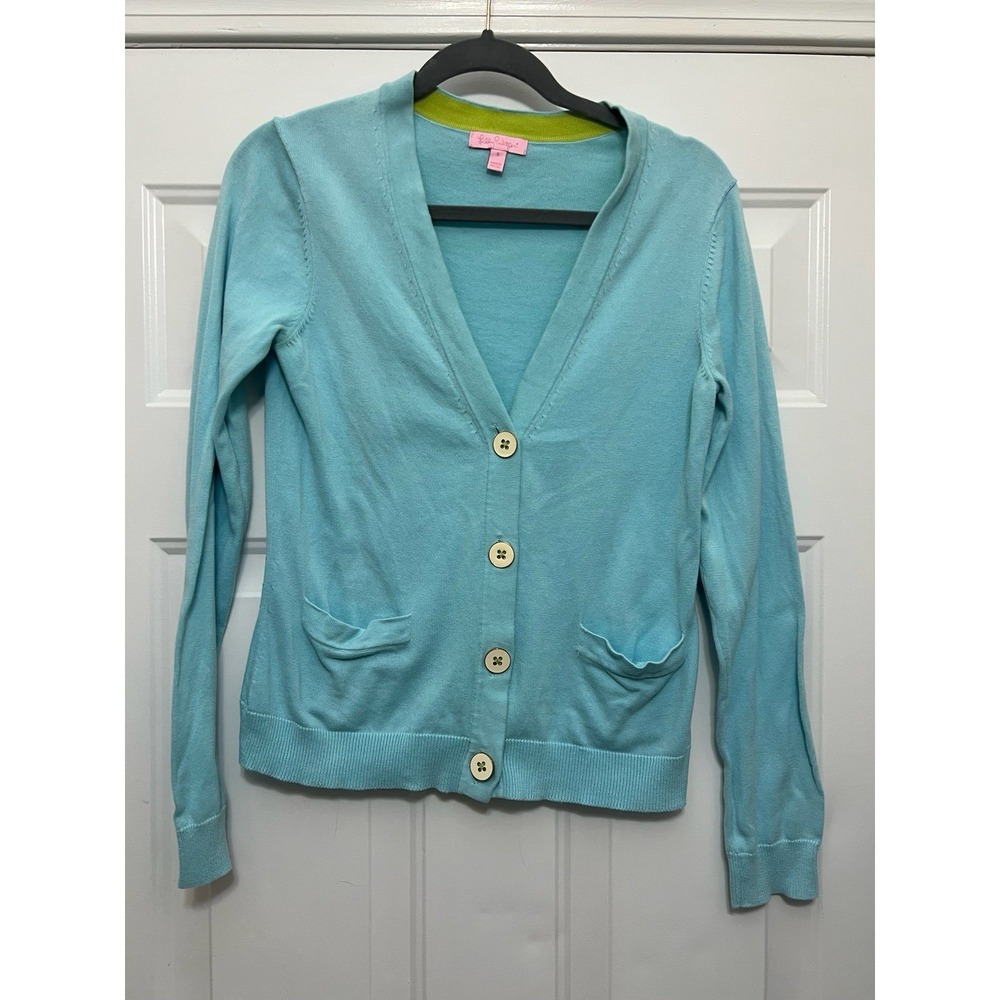 Lilly Pulitzer Solid Teal Blue Cardigan White Buttons Womens Size Small S - Picture 1 of 5